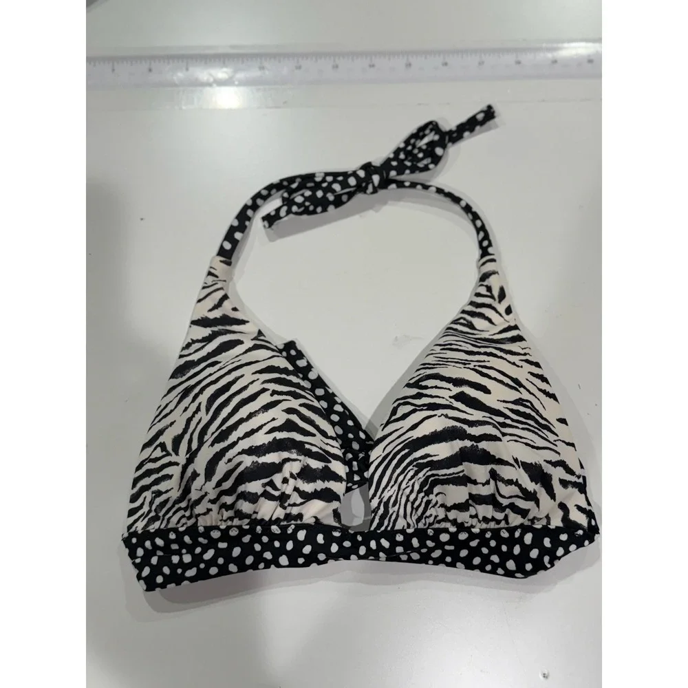 Victoria's Secret Zebra Polka Dot Plunge Halter Bikini Top Black White Small